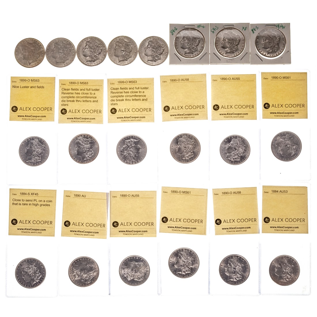 Mixed Morgan Roll with Several Better Coins: Loose: 83-S XF, 84-S XF, 84-S XF45, 5-1890-O (2-XF, 2-XF45, AU53, Flips - 84 AU53, 84-S XF45 almost semi PL, 90 AU, 90-O 2-AU55, 2-AU58, 2-MS61, 3-1899-O MS63 and two with almost complete reverse