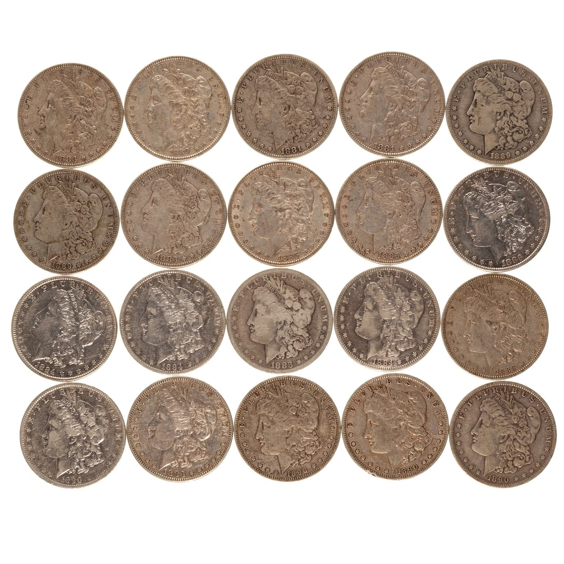 Circulated Roll of Silver Dollars: 1881 XF, 1881 2-F/VF, 1883 F, 1883-O G, 1883-S VF, XF-Cleaned; 1884 XF, 1884-O VF, 1884-S F Cleaned, 1885 VF/XF, XF, 1889 2-XF, 2-1889-O VG, 3-1890-O F, 1890-O VF Cleaned Provenance: From rolls put