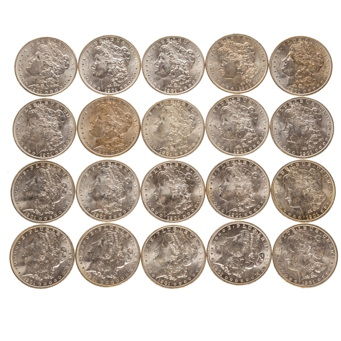 BU Roll of 1901-O Morgan Dollars: Looks like 4-MS60, 8-MS61, 5-MS62 and 2-MS63. All are white and flash with a couple having hints of toning Provenance: From original rolls stored in a safe deposit box since 1964