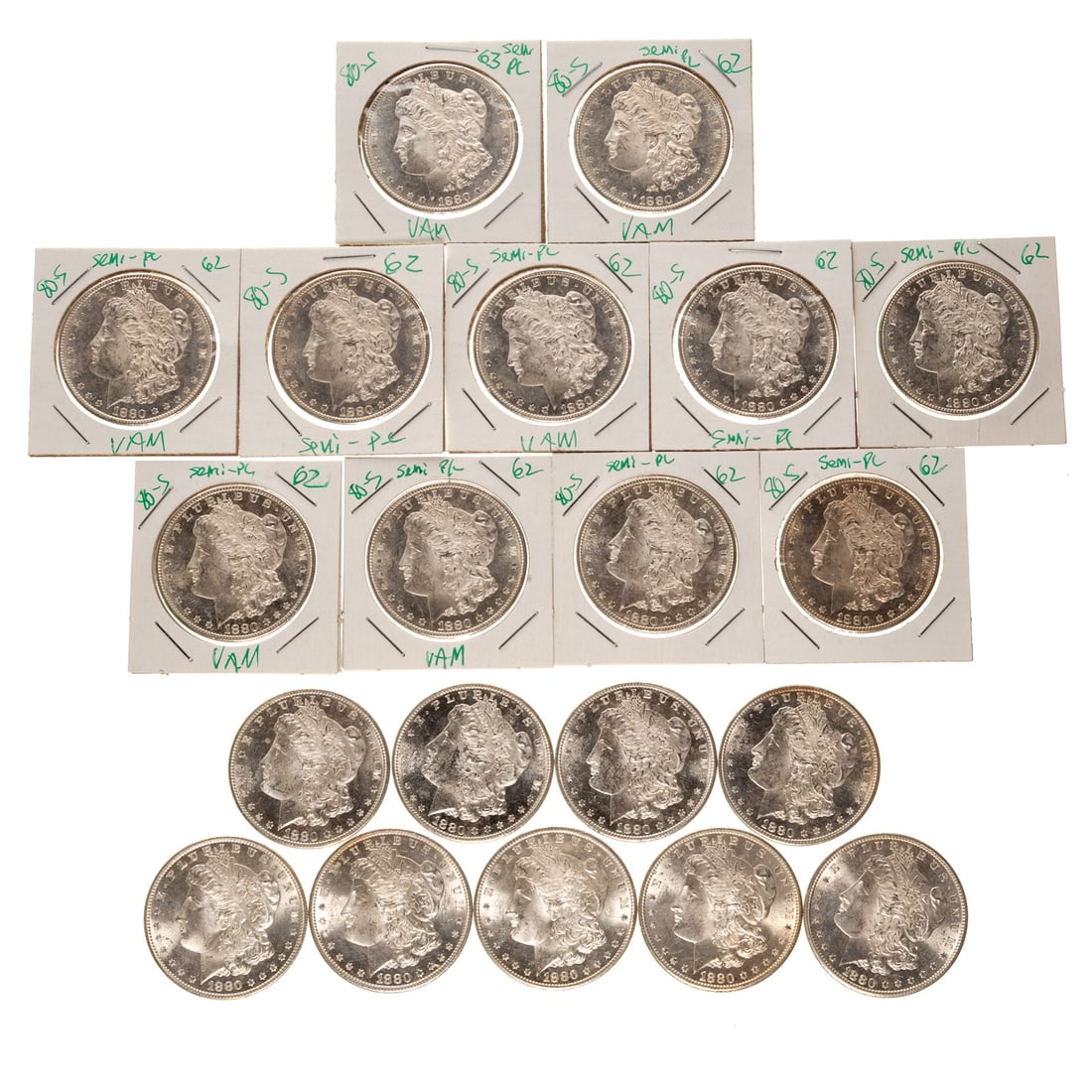 Very Nice Roll 1880-S Morgans 75% Semi Proof-Like: 15 of the 20 coins are semi-proof like or possibly proof like. The standards of the TPG's are tough to figure out but a few of these are very close if not already there. Regular - MS61-2, MS-62-2