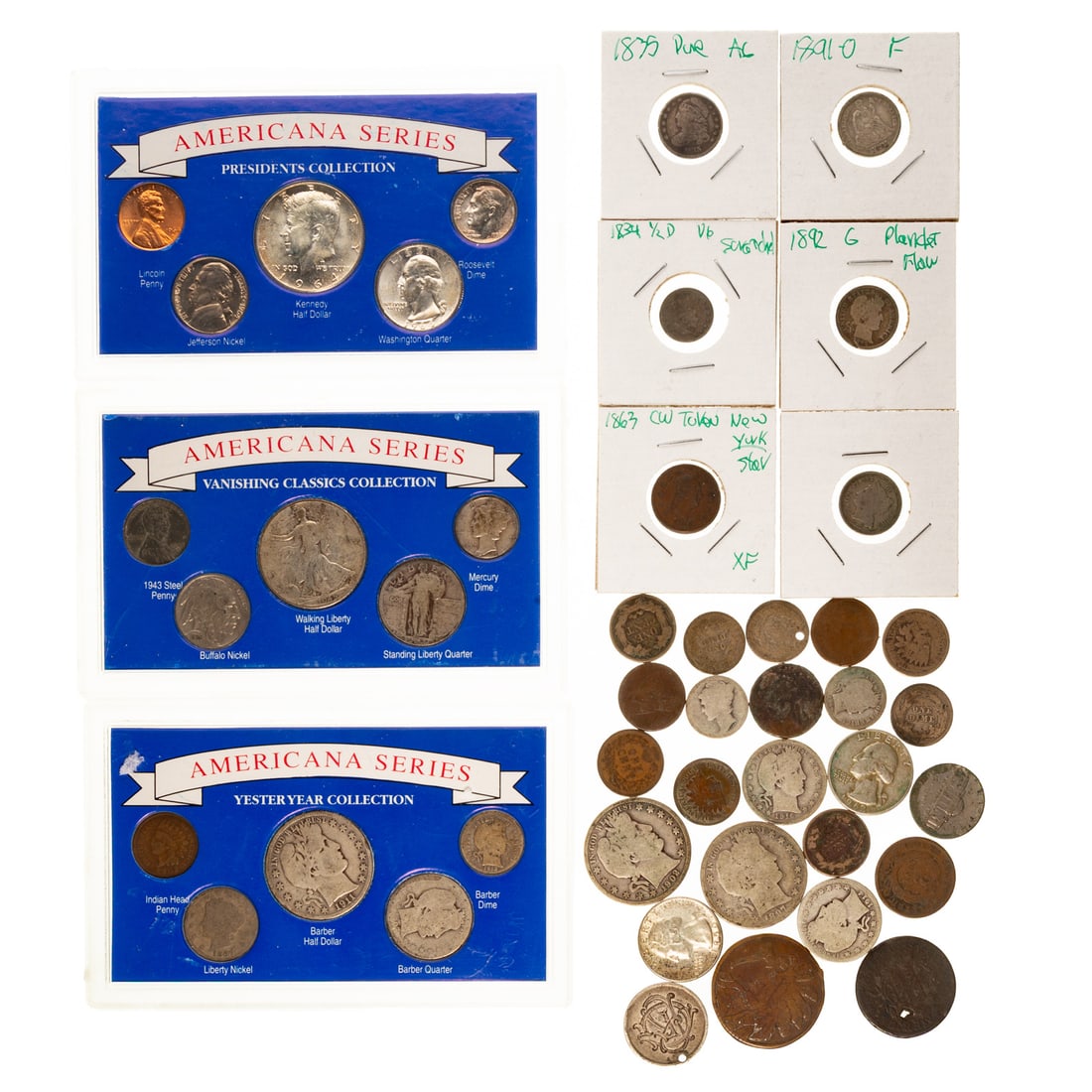 Three Americana Series Packs & US Silver, Type C: President's Collection, Vanishing Classics, and Yesteryear Collection; In these packs are three Silver Halves *Barber, Walker and 1964 JFK, Barber SLQ and Washington quarters, Barber, Mercury and FDR