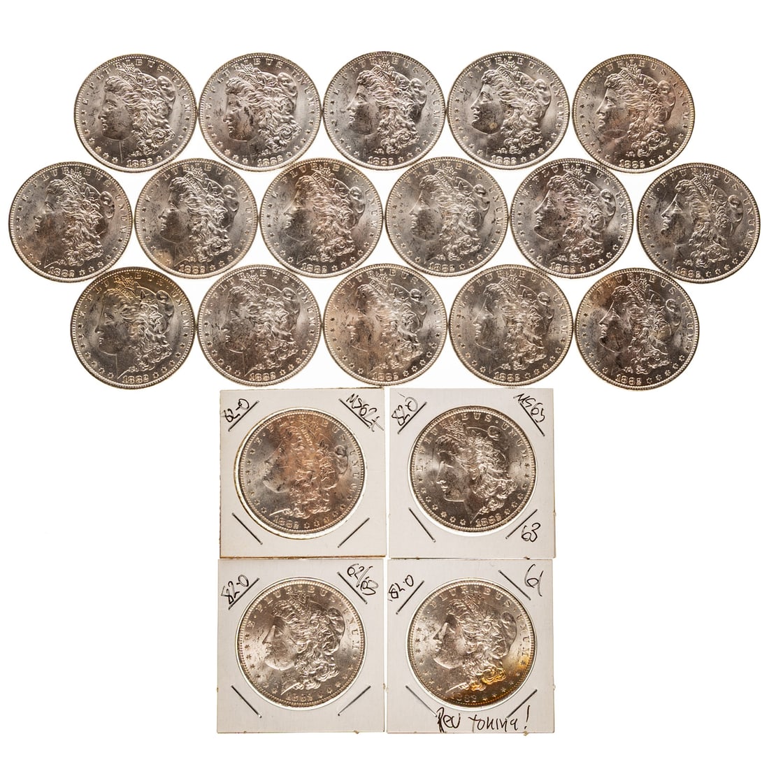 BU Roll of 1882-O Morgan Dollars: Well matched roll of flashy white lustrous coins. There are: 1-MS63, 2-MS62+, 5-MS62, 7-MS61, 4-MS60 and a nice 61 with reverse toning of an end piece. A few are the same VAM variety with a large die