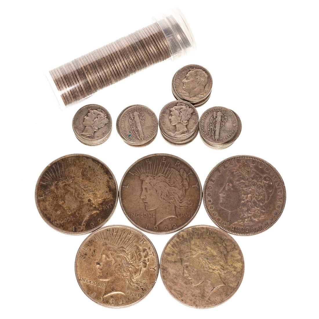 Family Silver Coin Collection: Five Silver Dollars: 1882 VF/XF, 1922 VF, 1922 VF/XF, 1922 VF, 90% - 59 Roosevelt dimes and 31 Mercury dimes