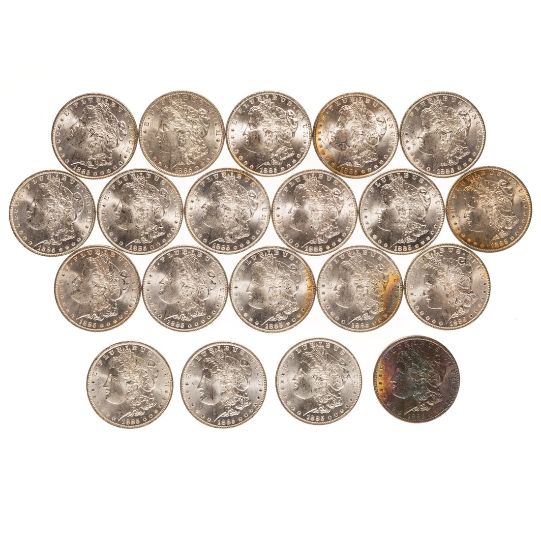 Nice Uncirculated Roll of 1885-O Morgans: This roll has a really standout coins and an end piece to a roll that is darkly toned. Several have close to minor rainbow toning. 2-MS63, 1-MS62+.8-MS62, 6-MS61, 2-MS60 and the toned end piece