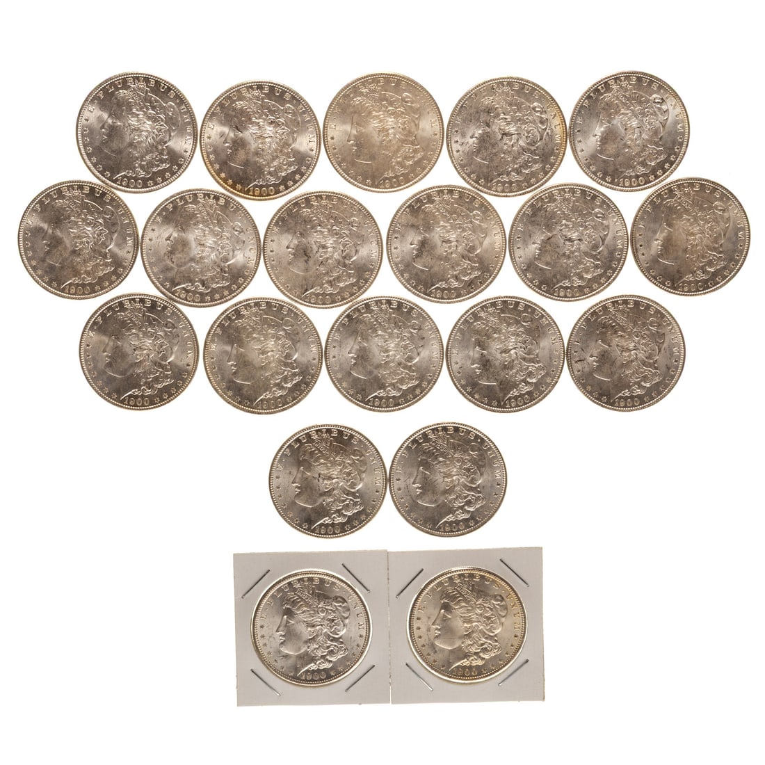 A Roll of BU 1900-O Morgan Dollars: From New Orleans, a turn of the century Roll of 20 Unc Silver Dollars. with the best four (ms62-63 in 2x2 and flip)