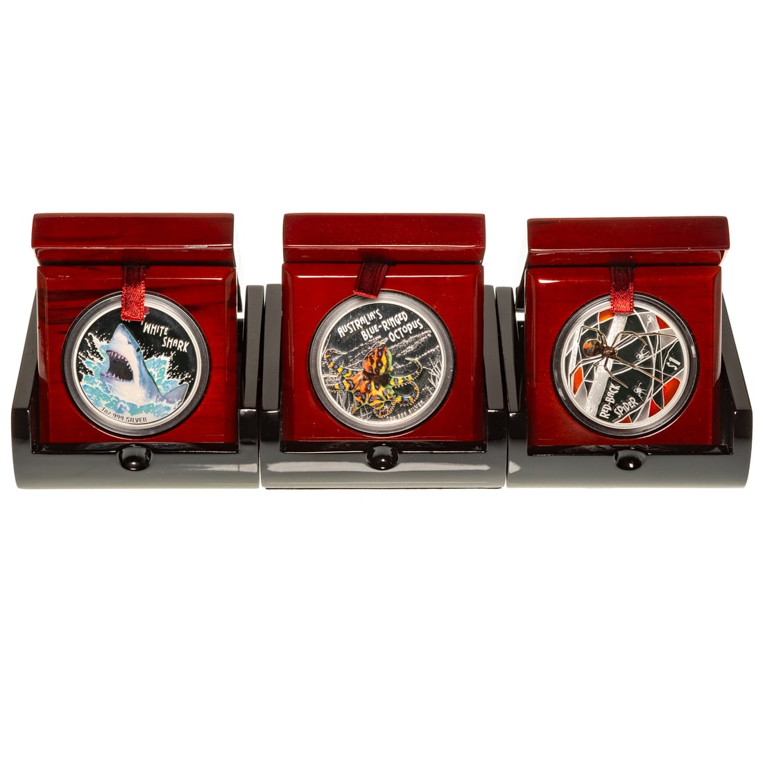 Three "Danger" Australian Silver Proof Coins: 2006 Red Back Spider, 2007 Great White Shark, 2008 Blue Ringed Octopus - All are 1 ounce silver proofs with COAs in nice jewelry type case, beautiful colorful designs