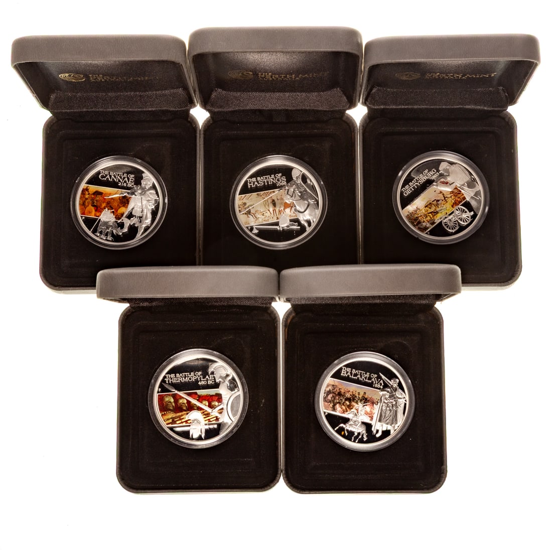 Five Famous Battles in History -1 Oz Silver Proofs: All are 1 Oz Silver proof coins with COAs and history of the battles, from the Perth Australia mint. 1) Battle of Balakava - 1854, Thermopylae 480 BC, 3( Hastings - 1066, 4) Gettysburg 1863, and 5)