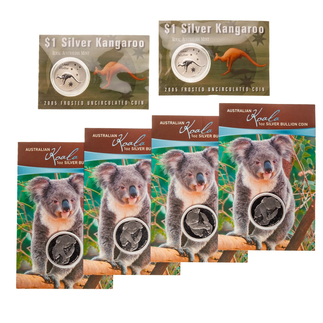 Six Silver Australian Bullion Coins: Four Koala .999 silver coins in Australian Perth Mint pack and two $1 Silver Kangaroo .999 coins from Royal Australian Mint
