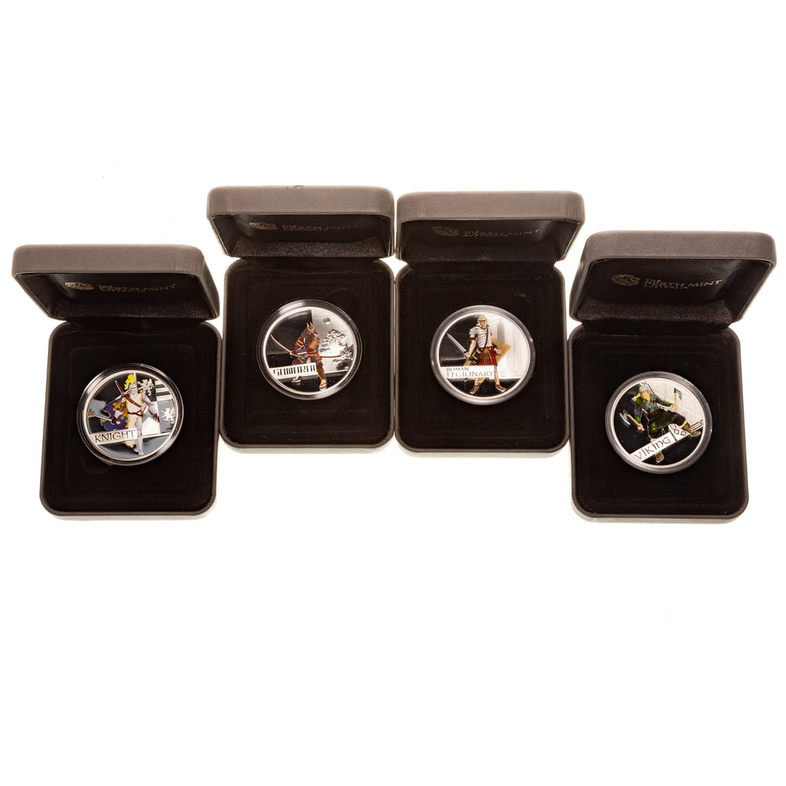 Four Great Warriors in 1 Oz Silver Proof: From Perth mint in Australia with COAs in case: Samurai, Viking, Roman Legionary, and Knight