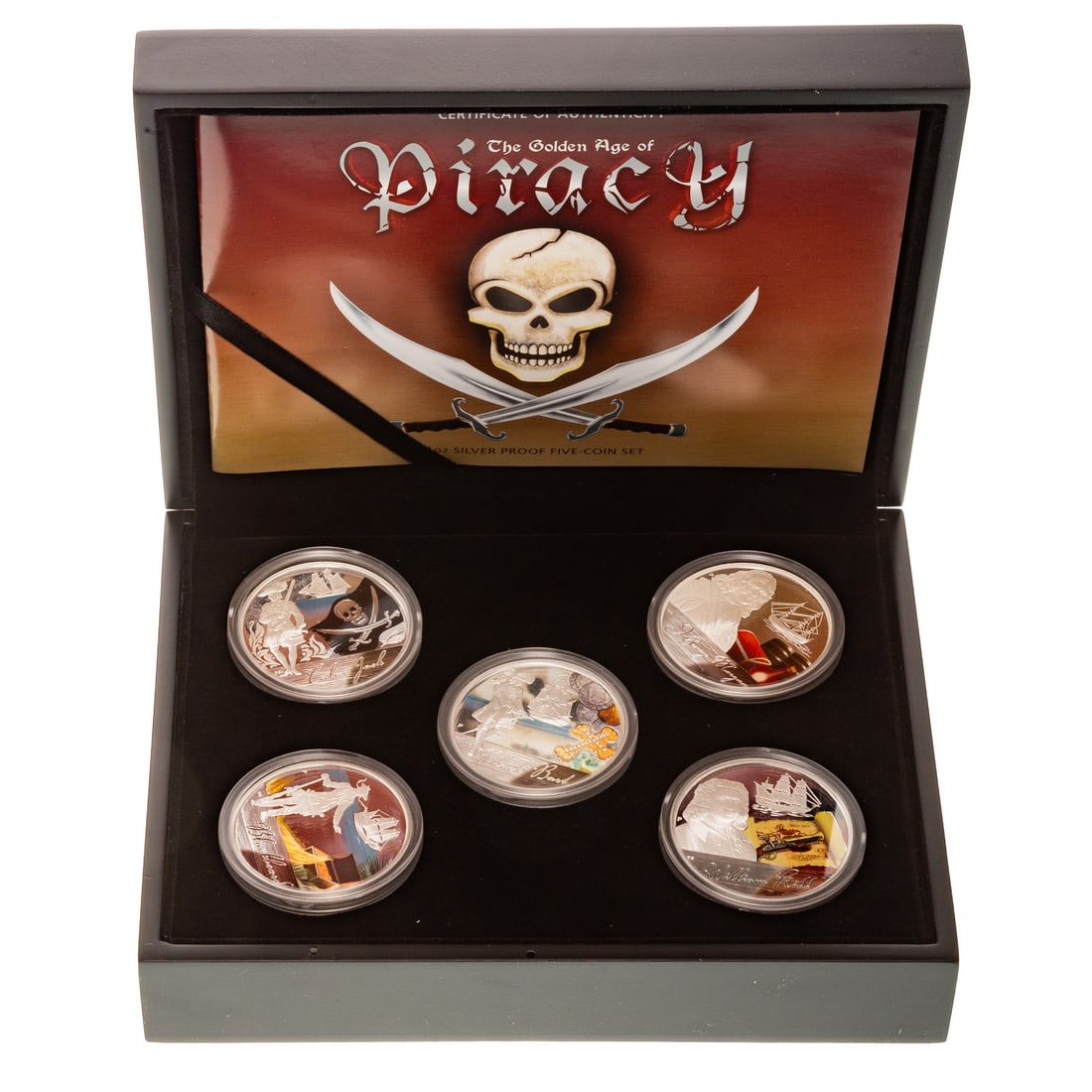 Golden Age of Piracy ; 5-1 oz Silver Coins: From Perth Mint - five silver proof coins with five famous Pirates: Black Bart, Blackbeard, William "Captain Kidd", Sir Henry Morgan and Jack Rackham "Calico Jack" Al are .999 silver