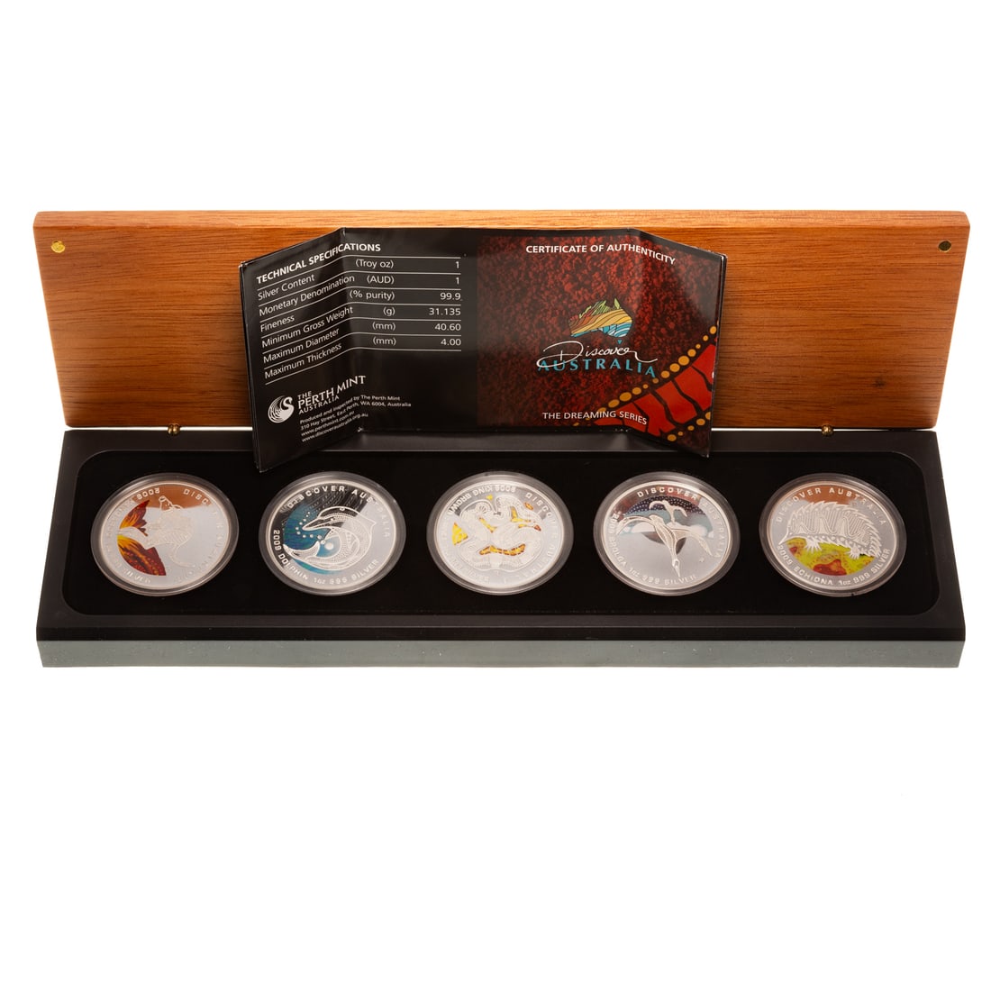 "Discover Australia" Scenes of Australian Animals: Five .999 Silver 1 oz Proof coins packed in a nice wood box. A product of the Perth mint - The Dreaming Series - Brolga, Dolphin, King Brown Snake, Echidna and Kangaroo