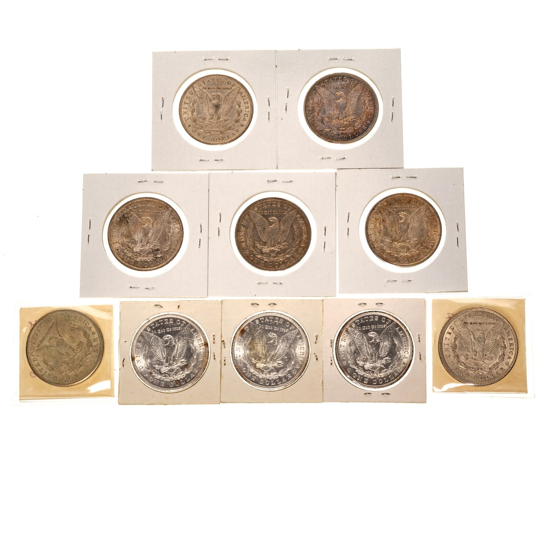 10 U.S Morgan Dollars: 1881 XF, 1882 XF, 1883-O XF, 1884-O VF35, 1885 Xf45, 2-1921 AU, and three formerly sold dollars from dealer John Love in Wyoming - 1885-O AU55 (cost $3.35 in 1972); 1885-O MS60 (cost $3.25 in1972)