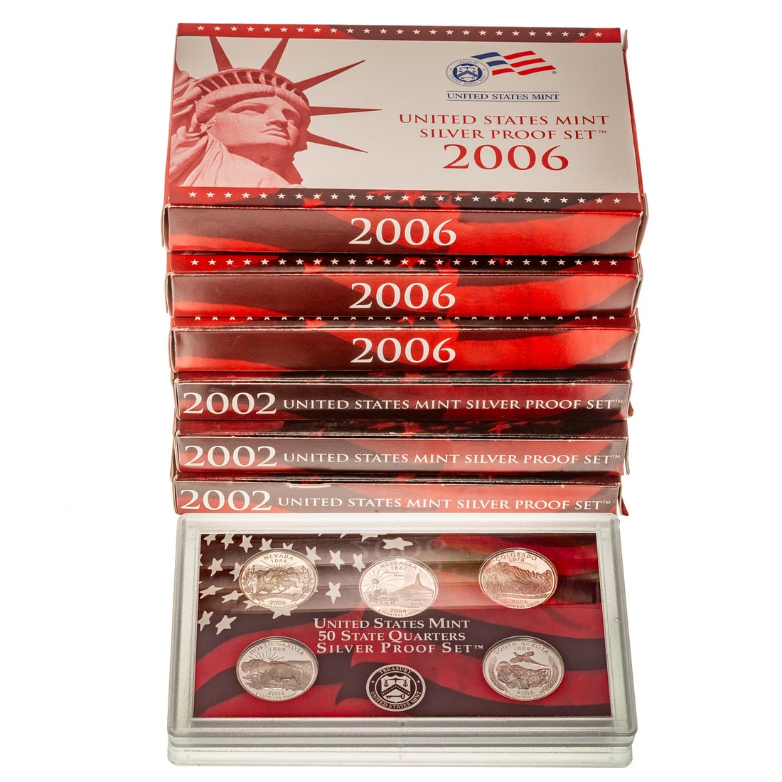Six Silver Proof Sets: 3-2002 and 3-2006 10 coin US Silver Proof Sets in mint boxes