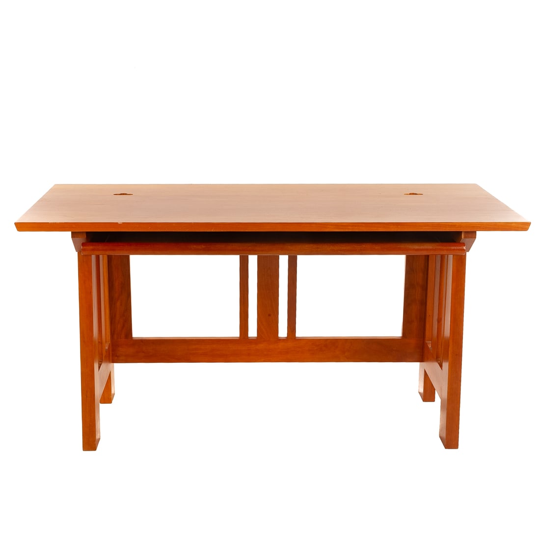 Cherry Mission Style Office Desk: Pierced top over extension slide, supported by a reticulated Mission style base, 30 in. H, 60 in. W, 30 in. D