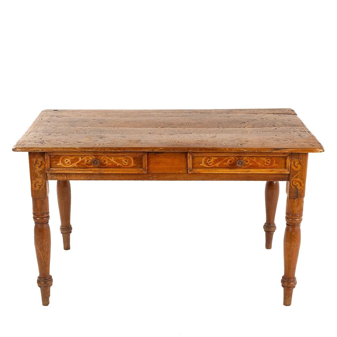 Continental Marquetry Inlaid Two-Drawer Desk (1 of 4)