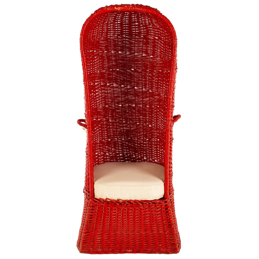 Vintage Painted Wicker Victorian Style Sedan Chair: Red painted wicker chair with side handles and drop cushion seat, 61 1/2 in. H, 26 in. W, 20 in. D