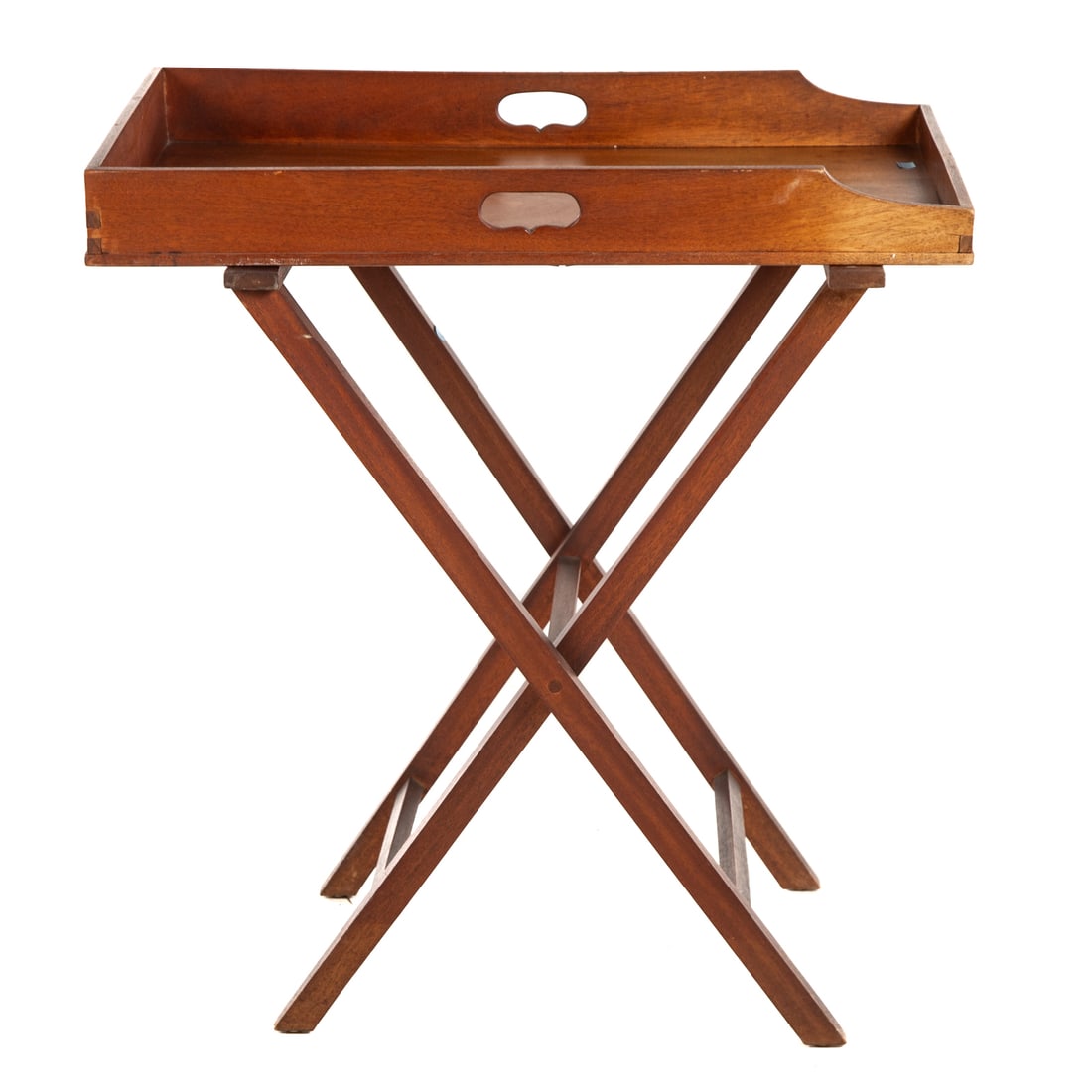 Mahogany Folding Butler Tray Stand: Two-part stand comprising a two handled tray resting on an x-shaped folding stretcher, 32 1/2 in. H, 30 1/4 in. W, 19 3/4 in. D