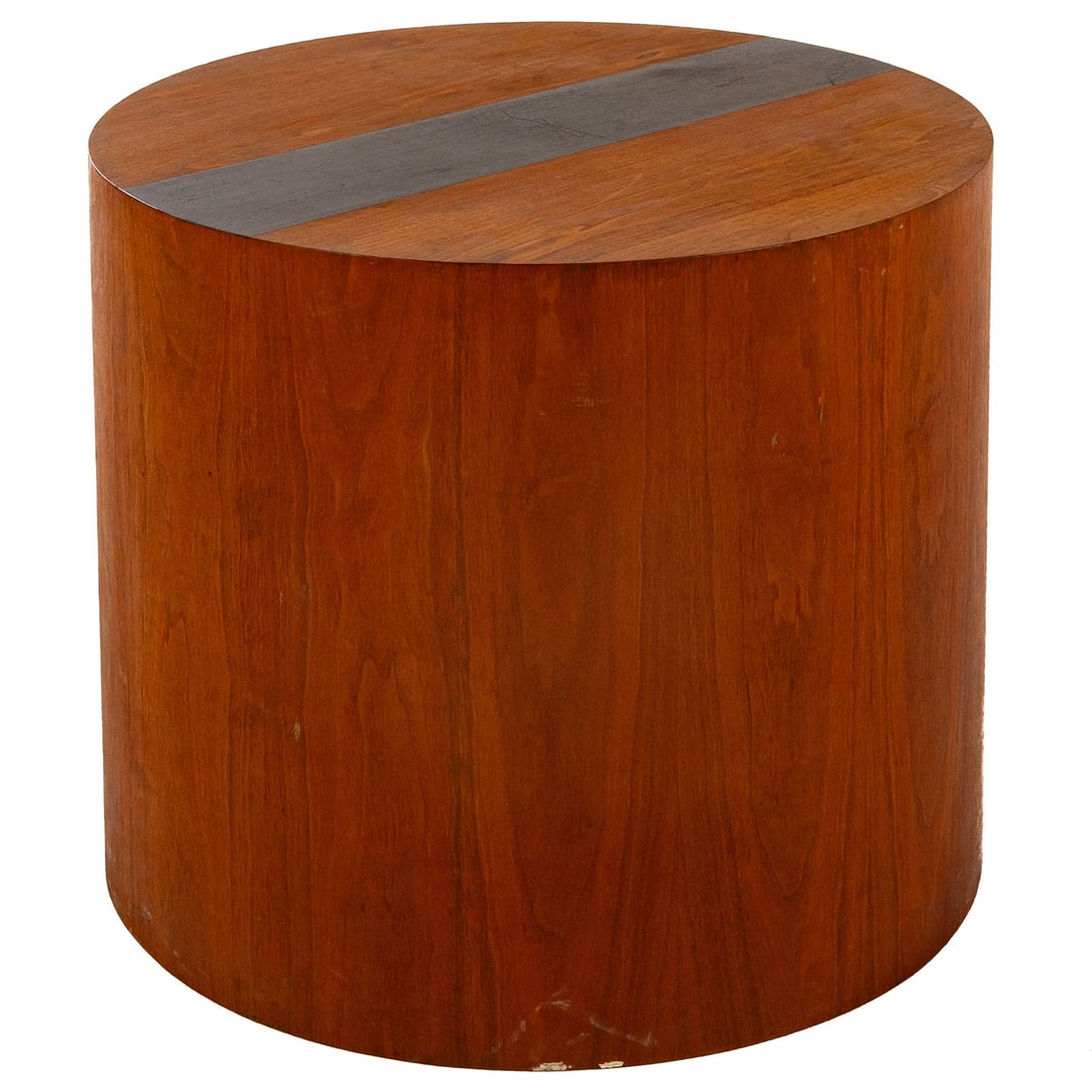 Mid-Century Style Circular End Table: Minimalist cylindrical form with inlaid top, 23 in. H, 27 in. Diam.
