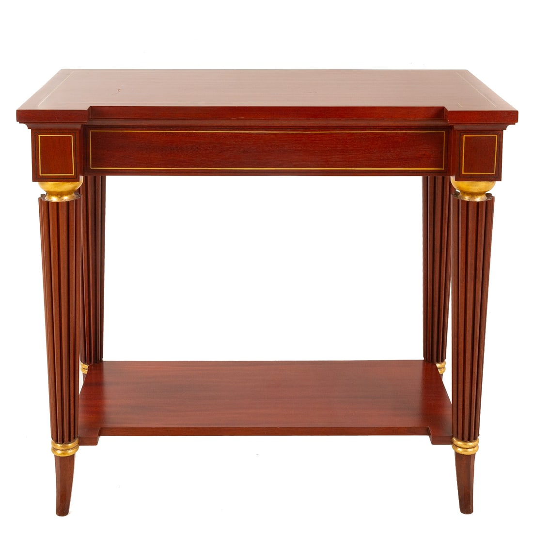 Mclean Wiesand Mahogany Console Table: Paint decorated top and apron supported by four partial gilt reeded legs ending in octagonal curvelinear feet, label on back, 32 in. H, 36 in. W, 18 in. D