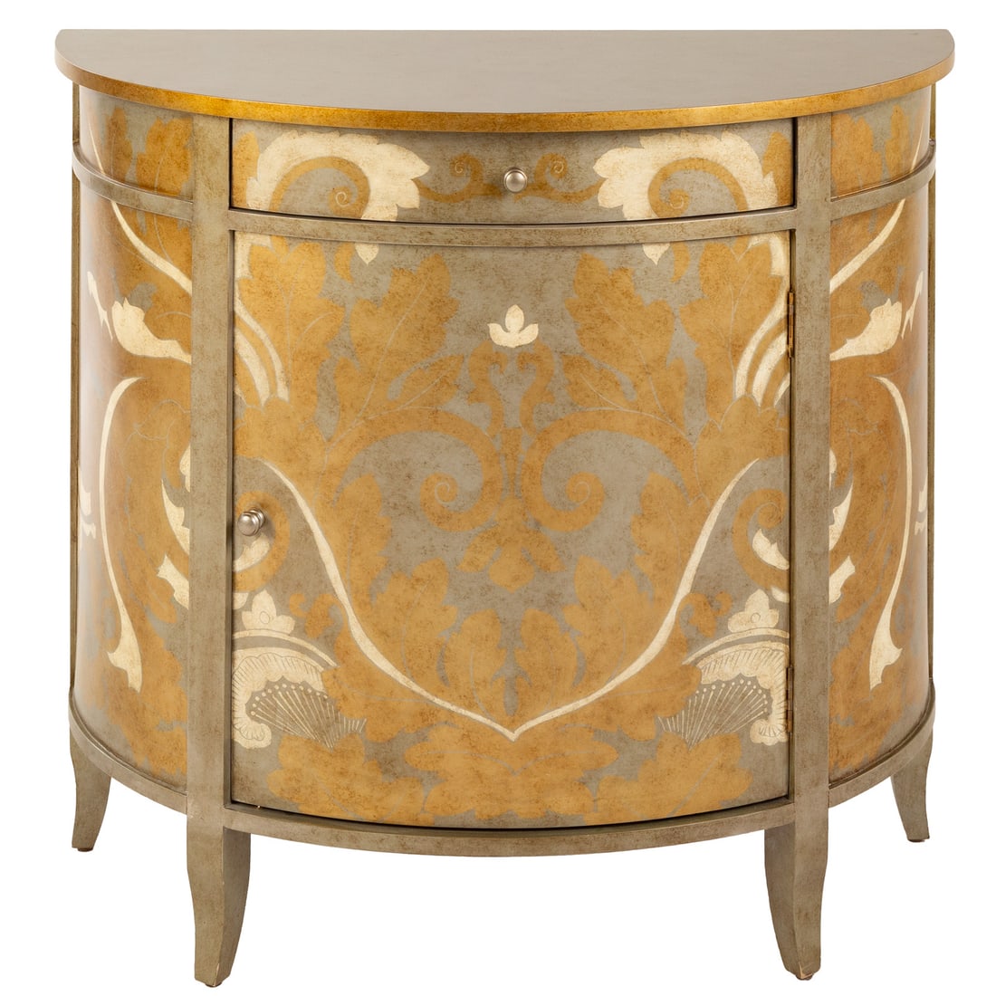 Decorative Crafts Inc. Painted Demilune Cabinet: Painted and paint decorated one-drawer one-door cabinet, 34 3/4 in. H, 38 1/2 in. W, 17 in. D