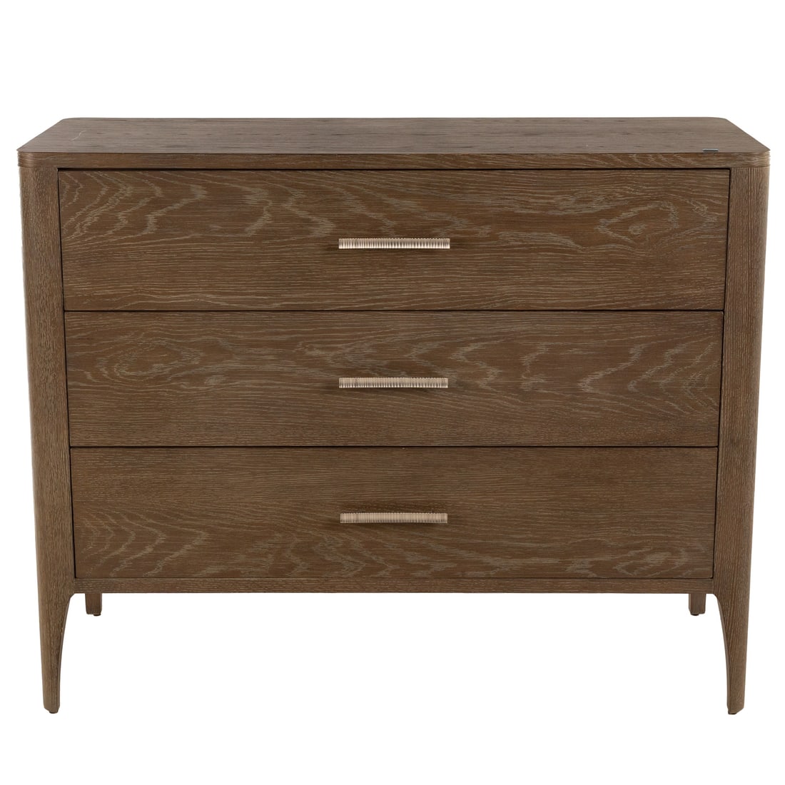 Bassett Contemporary Chest: Ton-sur-ton oak three-drawer chest with metal pulls, on tapered legs, 38 1/4 in. H, 48 in. W, 20 in. D