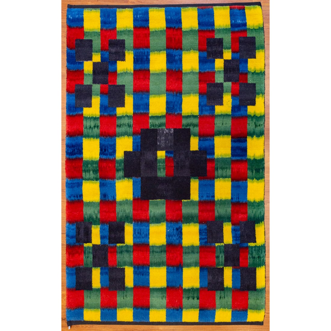 Modern Ikat Tapestry, Robert Davidian, 5.11 x 3.9: Modern, hand-knotted, warp velvet pile, includes hanging rod Provenance: Originally purchased for $3,870 through the Phipps Center for the Arts in 1994. From the Estate of Jane Wilhelm Daniels and Wor