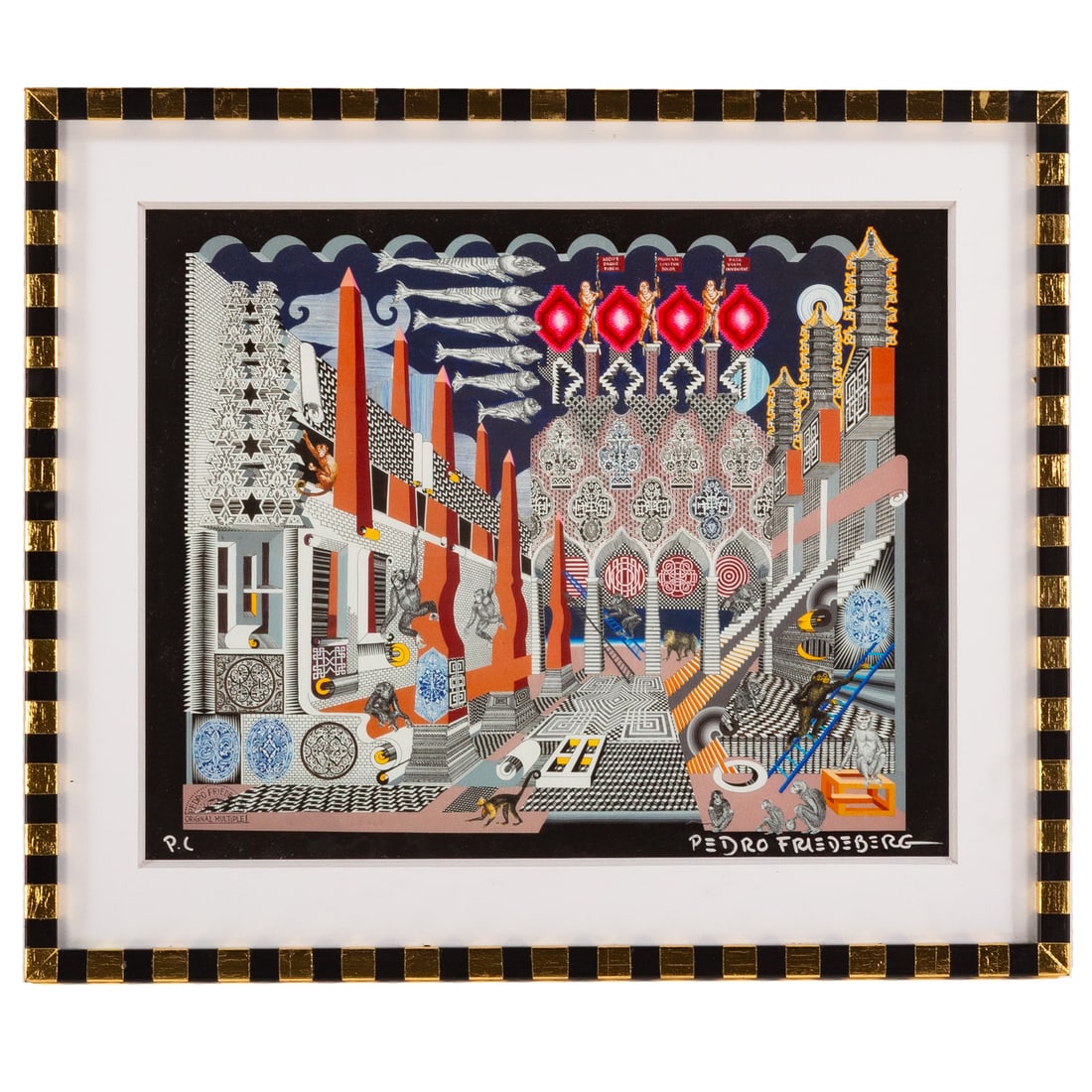 Pedro Friedeberg. "Changuitos de la Ciudad," print: (Italian/Mexican, b. 1936) Digital print, ed. PC, signed in silver ink "Pedro Friedeberg" lr, sight size: 15 1/2 x 19 in., framed size: 21 1/2 x 25 1/4 in. Provenance: From a private collection,