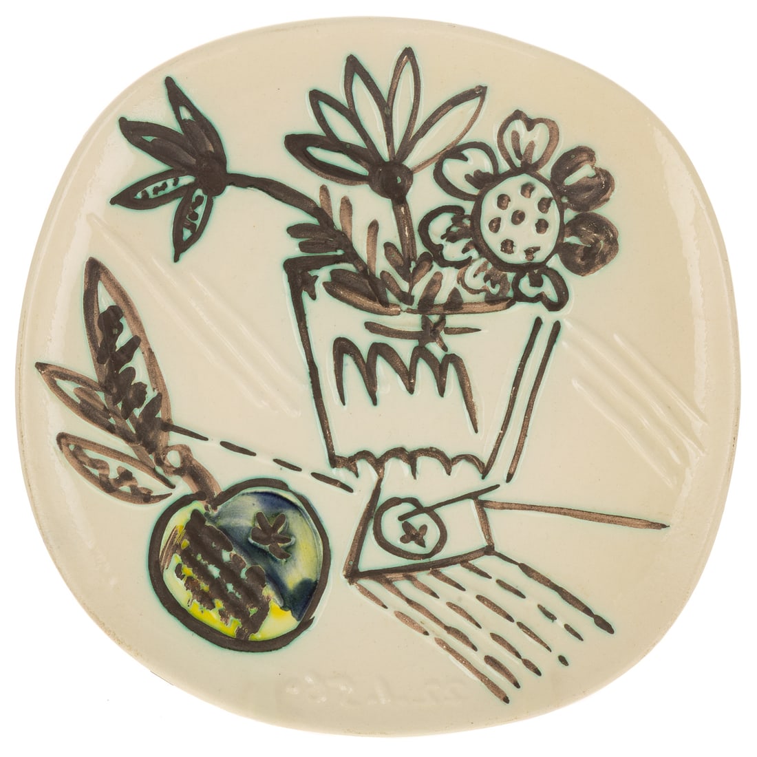 Pablo Picasso. "Bouquet a La Pomme," ceramic: (Spanish, 1881-1975) White earthenware ceramic plate with black oxide, color engobe and glaze, dated 22.1.56 in reverse lc, stamped "Madoura Plein Feu/Empreinte Originale de Picasso" on verso,