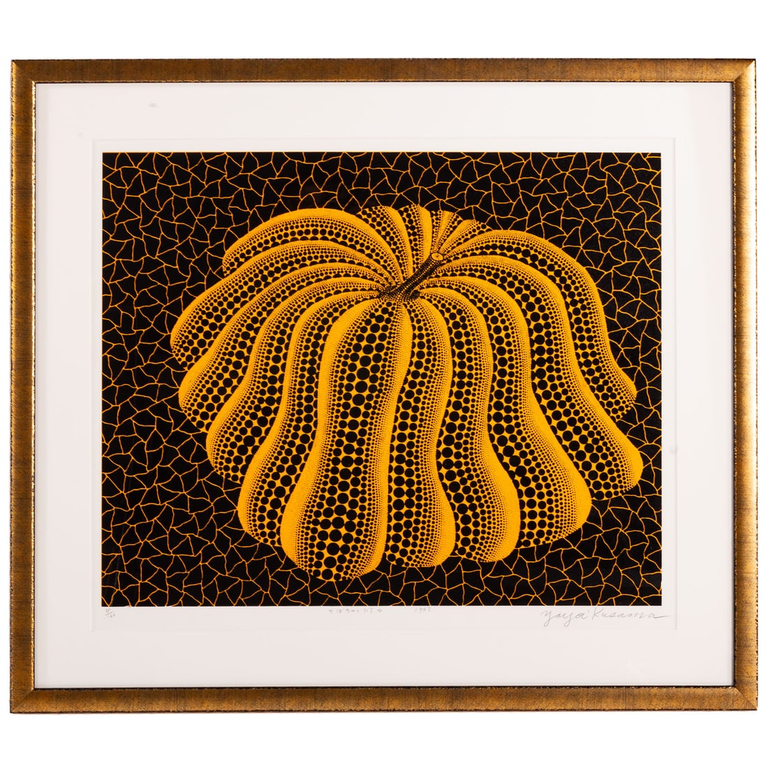 Yayoi Kusama. "Napping Pumpkin," screenprint: (Japanese, b. 1929) Screenprint in colors, three screens, two colors, three runs, 1993 (ED 184), ed. 38/100, pencil signed "Yayoi Kusama" lr, titled lc, image size: 20 3/4 x 25 3/4 in., framed size: