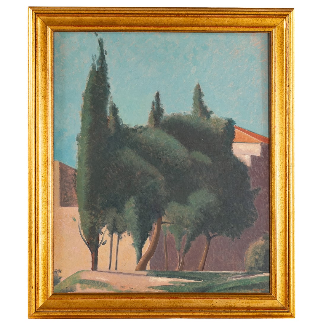 Israel Hershberg. "Trees in Jerusalem," oil: (Israeli, b. 1948) Oil on canvas, c. 1980, signed in Hebrew ll, sight size: 35 1/4 x 29 1/4 in., framed size: 44 x 36 1/2 in. Provenance: Purchased from the artist, Israel Hershberg, from a private