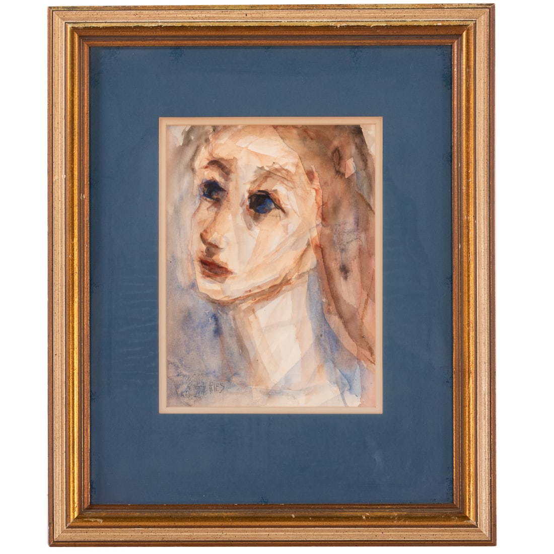 Helen Ries. Portrait of a Woman, watercolor: (American, 20th century) Watercolor on paper, signed "H. Ries" ll, sight size: 10 1/4 x 7 3/4 in., framed size: 20 x 16 1/2 in. Provenance: From the private collection of the Pines Family, Baltimore,