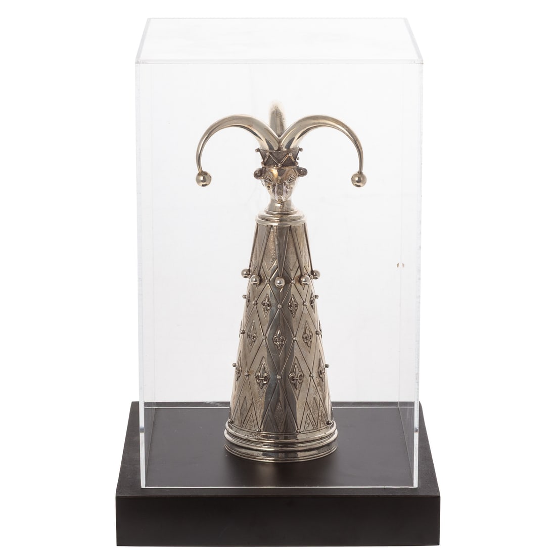 Mikhail Chemiakin. "Petruska," sterling sculpture: (Russian, born 1943) Sterling goblet/sculpture, with a gilt interior, modeled as a whimsical petruska "jester" figure, with an exaggerated jester's hat that serves as a base when used as a goblet,