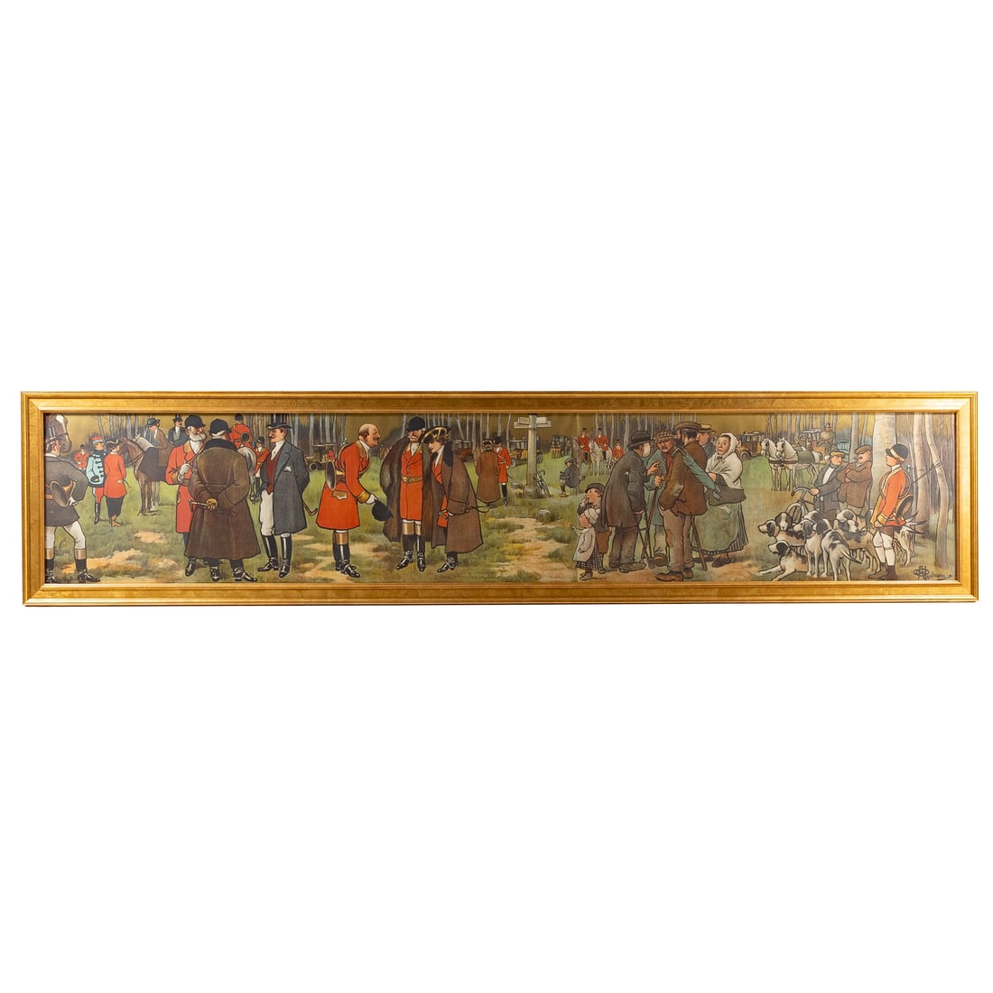 After Albert Guillame. "Le Rendez vous pour Le Rallye Valiere: Noailes, Gramont, Neuflize," color: Albert Paul Guillaume (French, 1873-1942) Color poster after painting by the same name in the collection of the Musee de la Venerie, Senlis, France, signed "AP Guillame" lr, sight size: 23 x 123 1/4