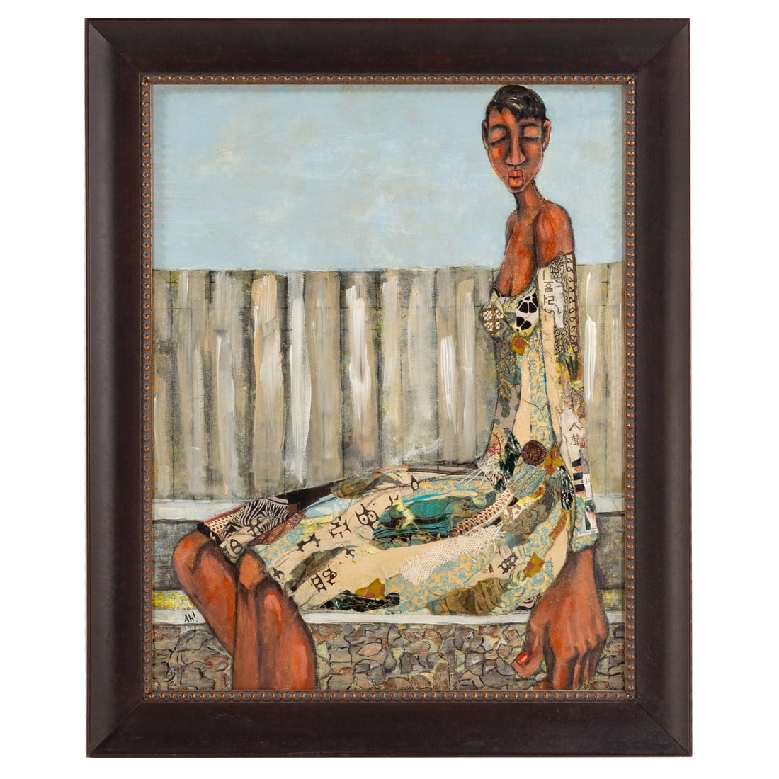 April Harrison. "Fenced In," mixed media: (American, 20th century) Mixed media with collage on canvas, signed "Ah!" ll, sight size: 27 1/2 x 21 1/2 in., framed size: 33 1/2 x 27 1/2 in. Provenance: Acquired New York, NY, from a private