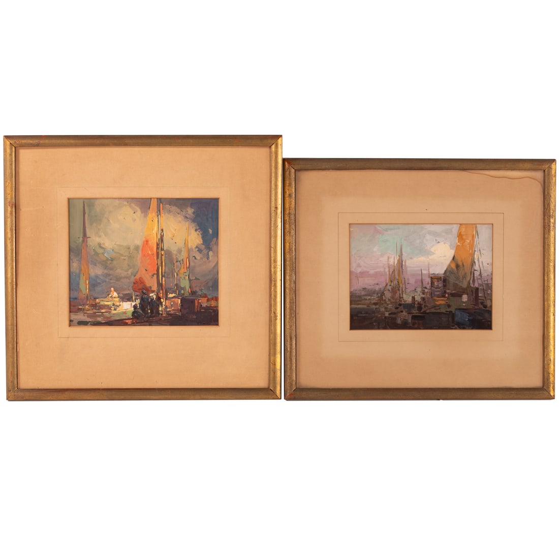 Ralph W. Iligan. Two Harbor Scenes, watercolor: (American, 1895-1960) Two watercolors on paper, one signed "R. Iligan" lr, the other stamped "Estate of Ralph Iligan" on verso, sight sizes: 6 3/4 x 9 3/4 and 8 1/2 x 9 3/4 in., framed sizes: 15 3/4 x