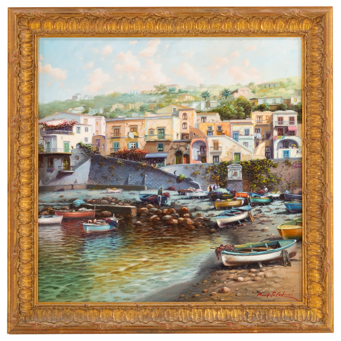 Amleto Colucci. Italian Coastal Town, oil: (Italian, b. 1953) Oil on canvas, signed "Amleto Colucci" lr, 17 1/2 x 17 1/2 in., framed size: 21 x 21 in. Provenance: From a private Maryland collection