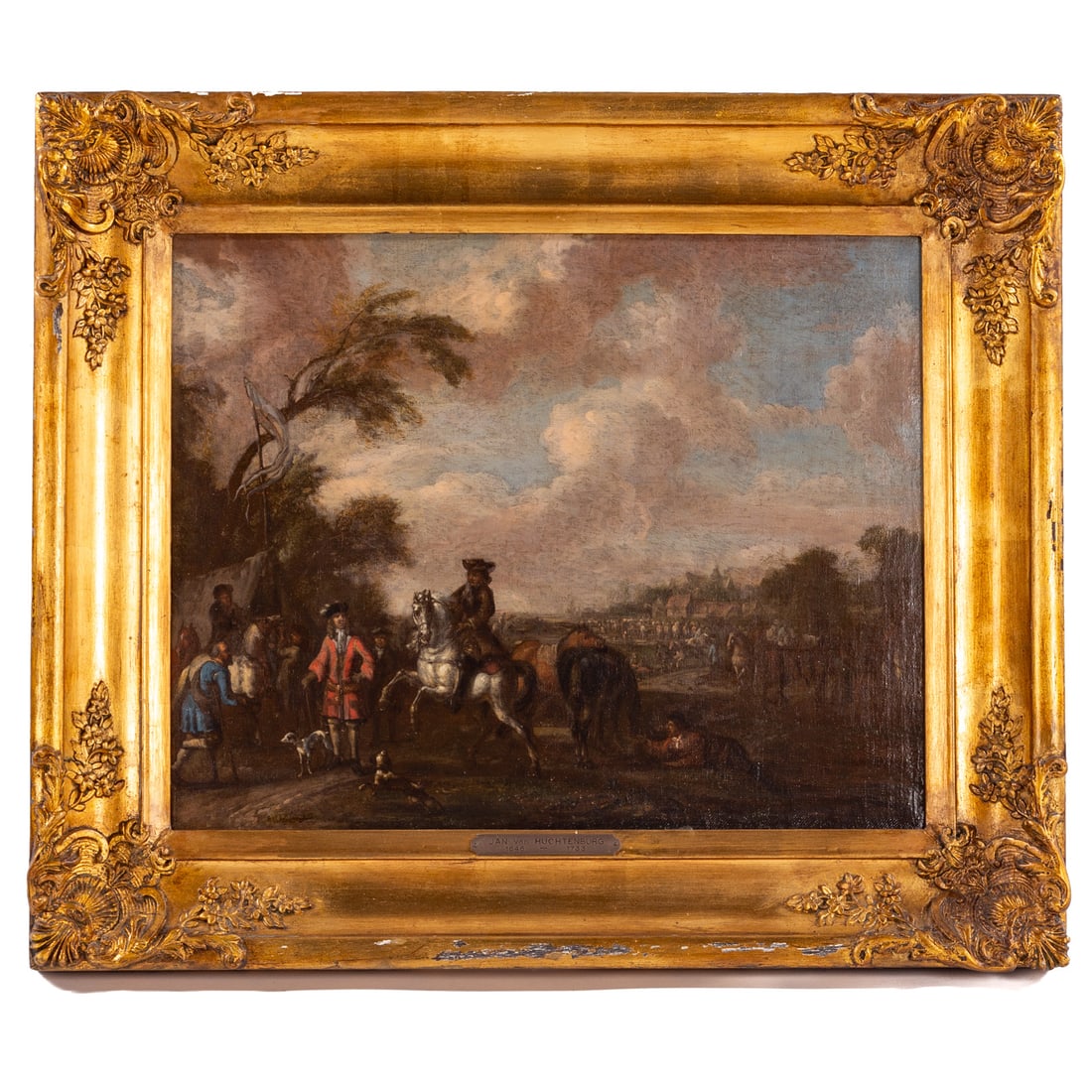 Attributed to Jan Van Huchtenburgh. Encampment, oil: (Dutch, 1647-1733) Oil on canvas, canvas size: 16 1/2 x 21 in., framed size: 23 1/2 x 27 1/2 in. Provenance: Brunn Rasmussen label on verso