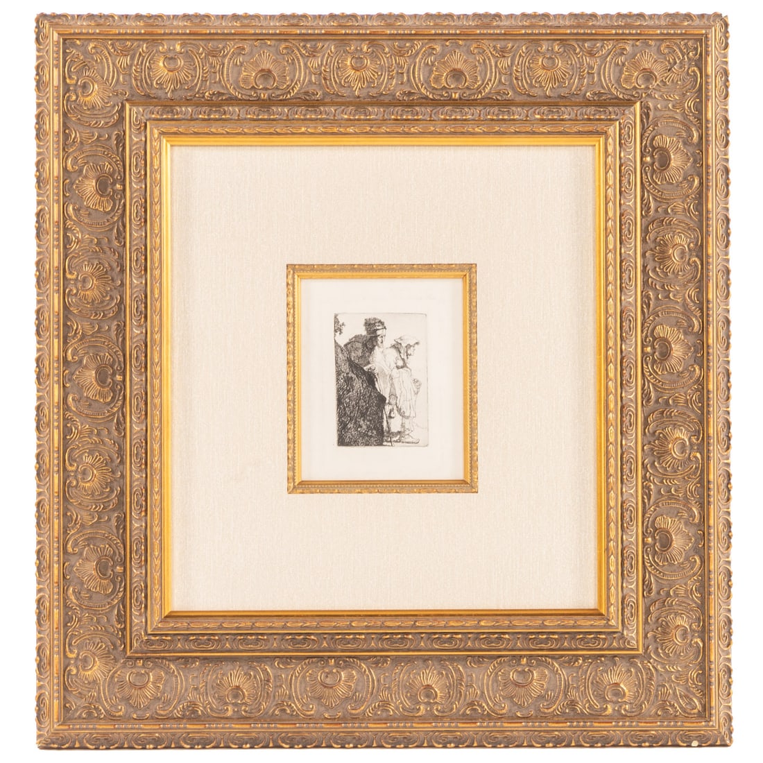 After Rembrandt. "Beggar Man and Woman Behind a Bank," reprint: Rembrandt Van Rijn (Dutch, 1606-1669) 19th century reprint etching after the original, image size: 3 3/4 x 2 1/2 in., framed size: 21 x 20 in. Provenance: Global Fine Art C.O.A. attached to verso