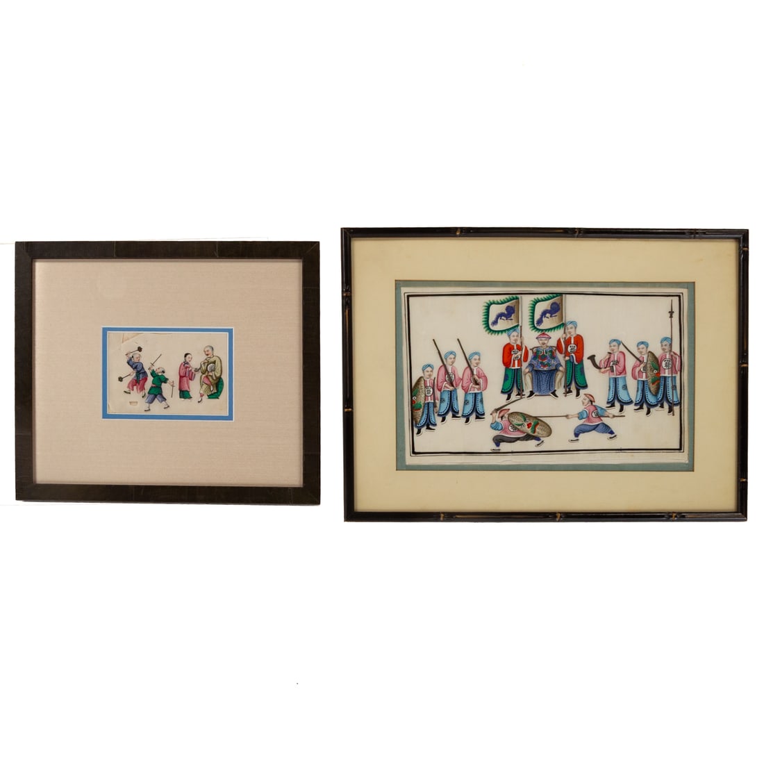 Chinese School. Two Court Scenes, gouaches: (19th century or earlier) Gouaches 1) Warriors sparring before a judge, sight size: 8 x 12 1/2 in., framed size: 13 1/4 x 18 in., and 2) Boys training before their Master, sight size: 3 3/4 x 5 1/4