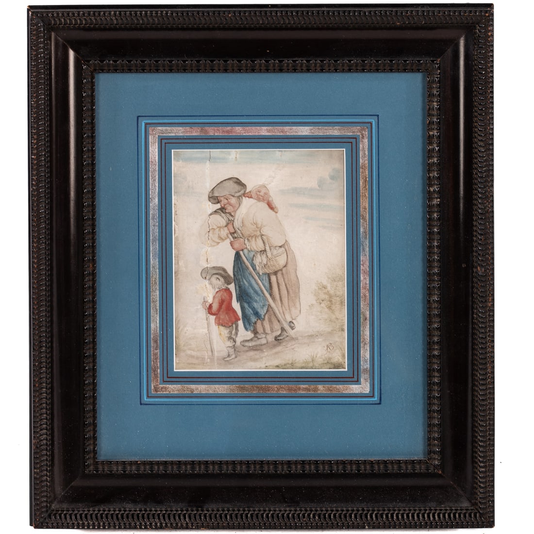 Attributed to Andries Both. Mother with Children, watercolor: (Dutch, 1611/12-1641) Watercolor and gouache on paper, monogrammed "A B" lr, sight size: 7 x 5 1/2 in., framed size: 17 x 15 in. Provenance: From a private Maryland collection