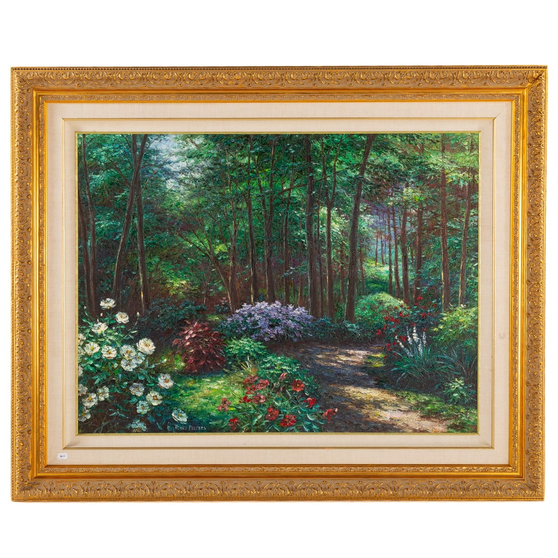 Henry Peeters. Flowers on a Wooded Path, oil: (20th century) Oil on canvas, signed "Henry Peeters" ll, 30 x 40 in., framed size: 43 x 52 1/2 in. Provenance: From a private Maryland collection