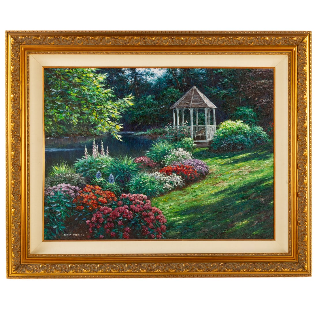 Henry Peeters. Garden with Lakeside Gazebo, oil: (20th century) Oil on canvas, signed "Henry Peeters" ll, 30 x 40 in., framed size: 42 x 52 in. Provenance: From a private Maryland collection