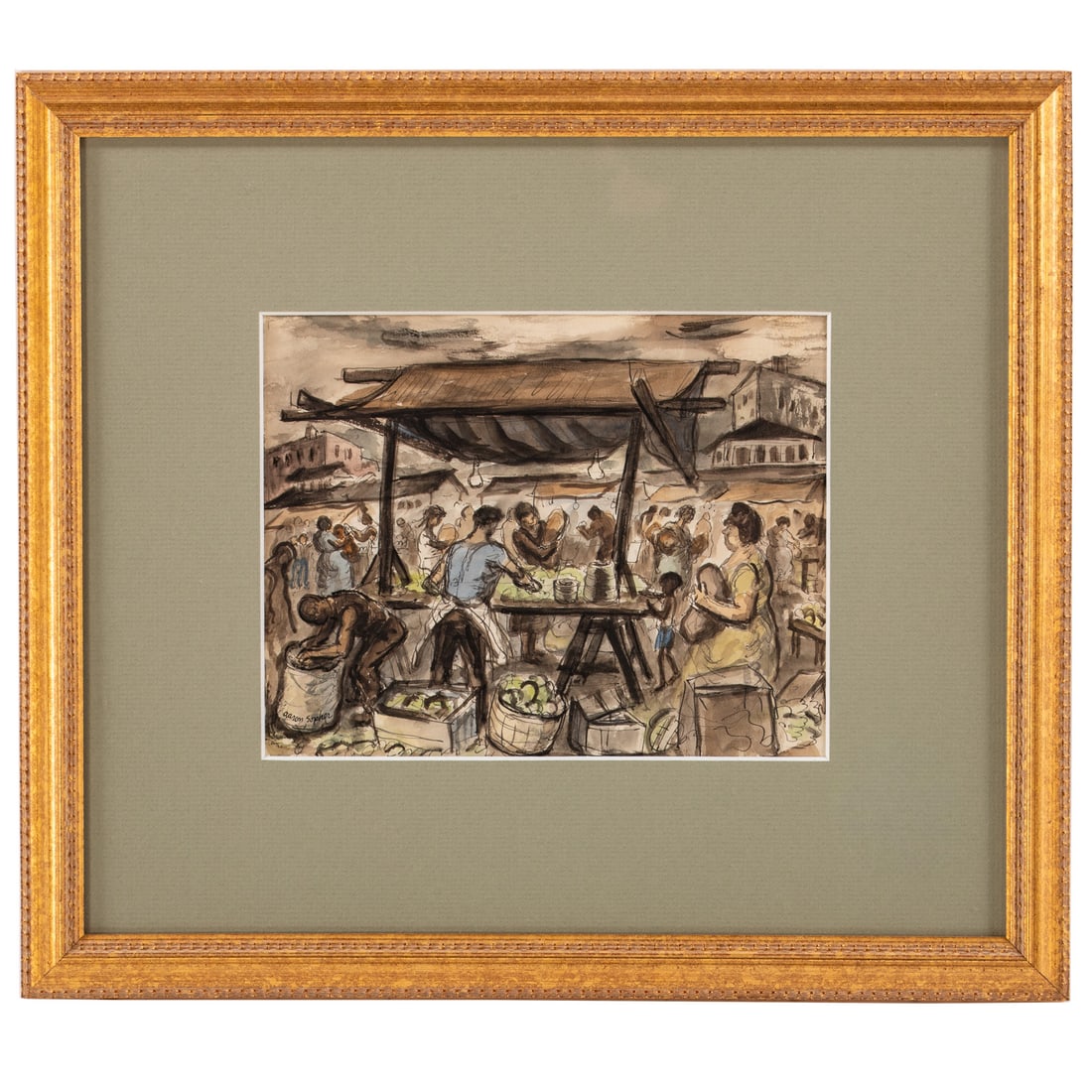Aaron Sopher. Baltimore Marketplace, watercolor: (American, 1905-1972) Pen and ink with watercolor on paper, signed "Aaron Sopher" ll, sight size: 7 x 8 3/4 in., framed size: 14 x 16 1/2 in. Provenance: From a private Maryland collection