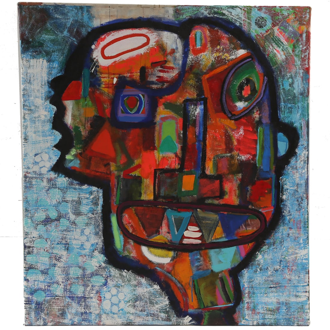 Ivan Greenberg. Abstract Face, acrylic: (American, 20th century) Acrylic on canvas, unsigned, 43 x 37 3/4 in., unframed Provenance: From a private collection in Baltimore, MD. Owner acquired entire body of work from Estate of the artist upo