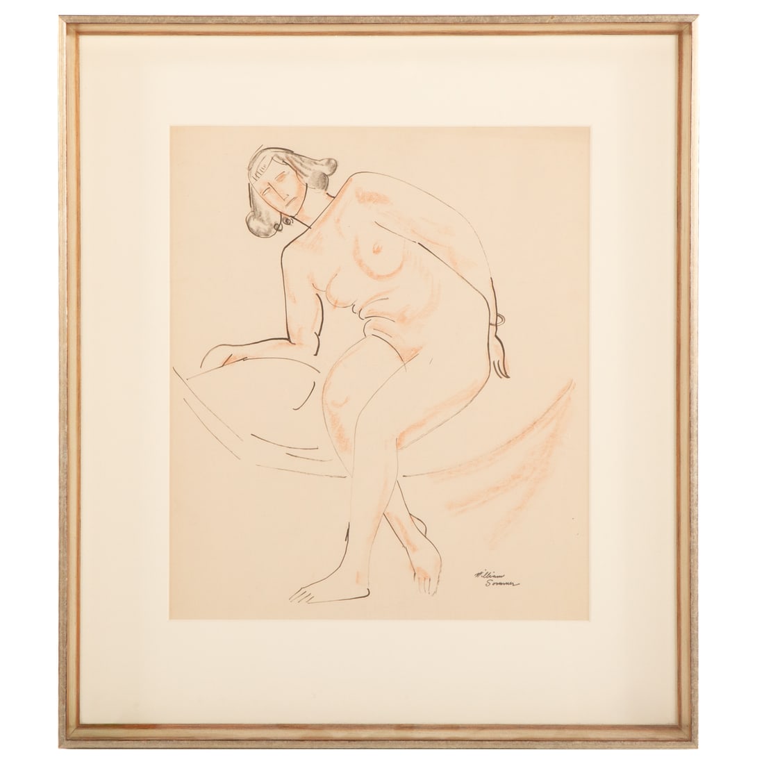 William Sommer. "Leaning Nude," mixed media: (American, 1867-1949) Matchstick drawing with conte crayon on paper, c. 1925, signed "William Sommer" further identifying information on label on verso, signed estate stamp B, lr, sight size: 16 x 13