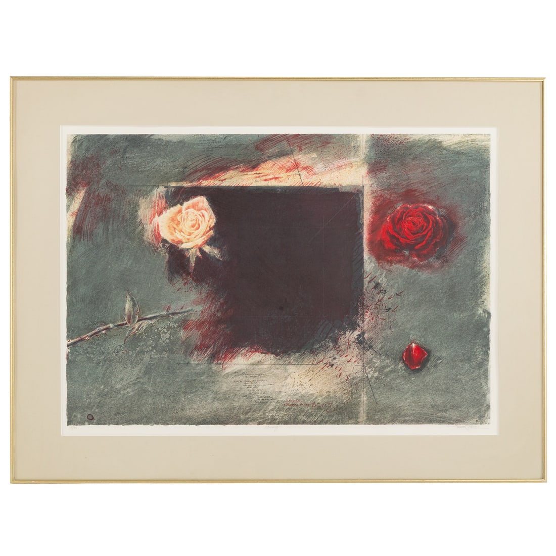 Trevor Southey. "Being," lithograph: (Zimbabwean, 1940-2015) Lithograph in colors, ed. 32/150, pencil signed "Trevor Southey" lr, sight size: 23 x 32 3/4 in., framed size: 30 3/4 x 40 1/4 in. Provenance: From a private collection, White