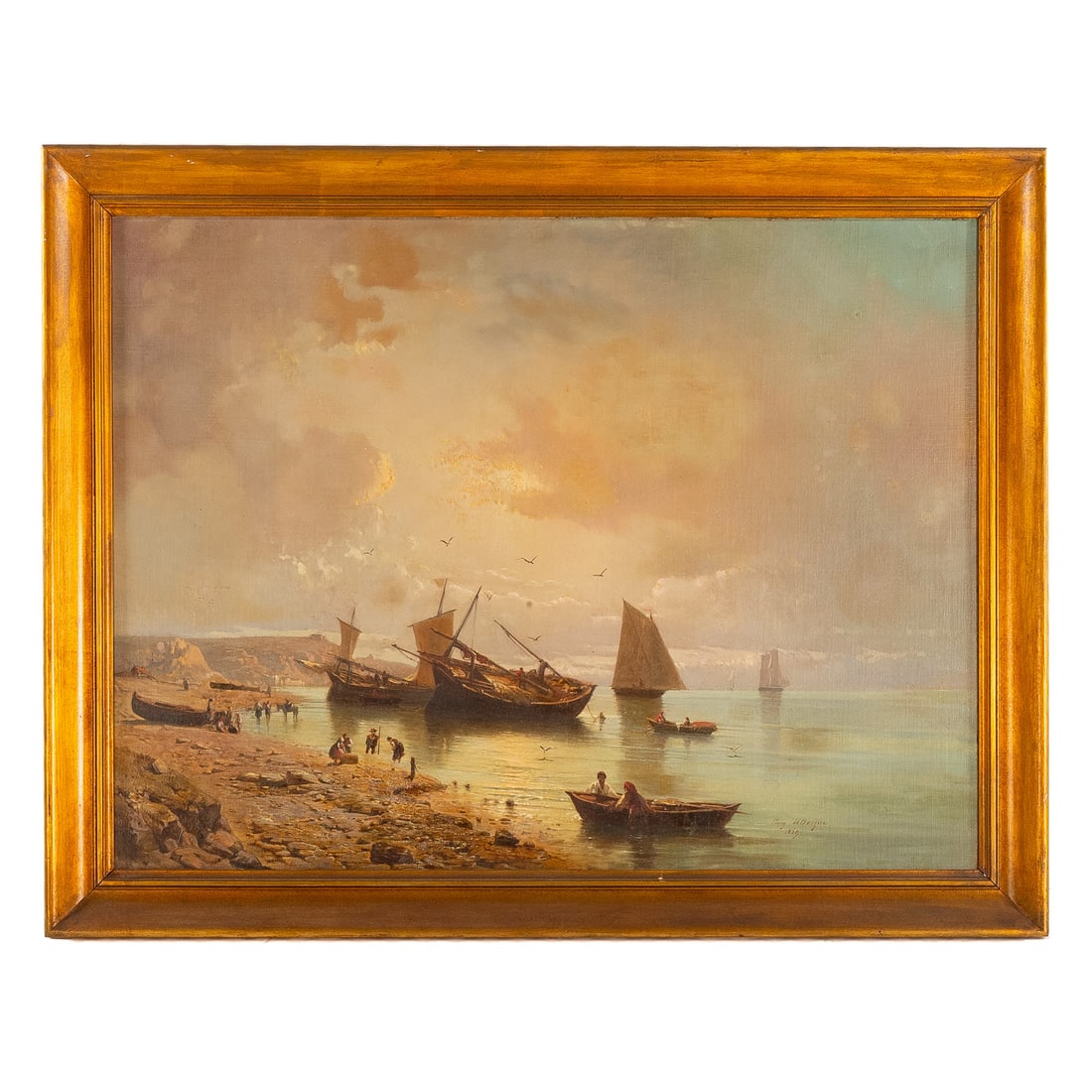 Tony Francois De Bergue. The Iberian Coast, oil: (French, 1820-1890) Oil on board, 1859, signed and dated, "Tony De Bergue" lr, sight size: 28 1/2 x 37 1/2 in., framed size: 34 1/2 x 44 in. Provenance: From the Estate of Jonathan Kamarck,