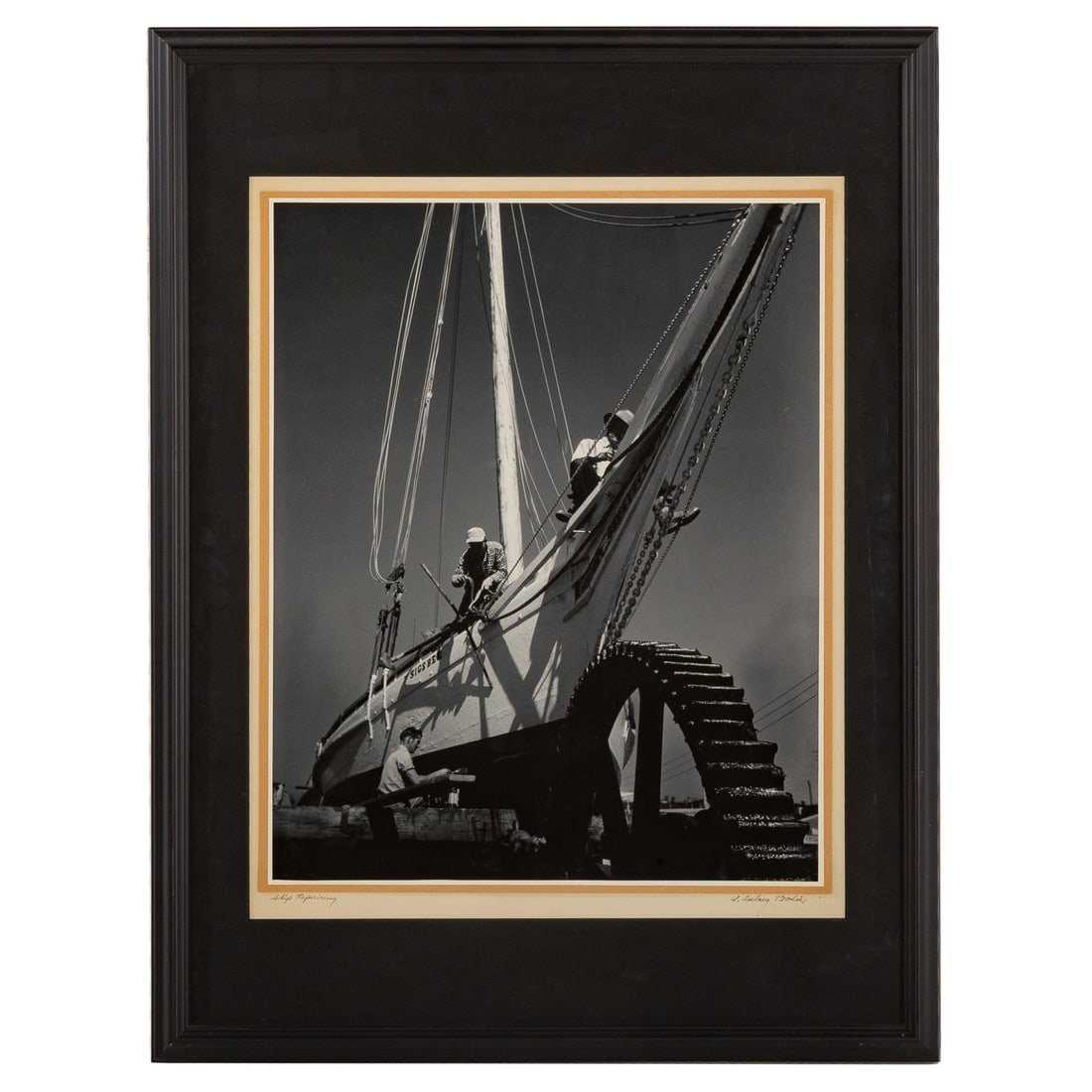 A. Aubrey Bodine. "Skip Repairing," photograph: (American, 1906-1970) Gelatin silver print, ink signed "A. Aubrey Bodine" lr on matte, titled ll, pencil titled on verso, stamped and further identification and exhibition history information on