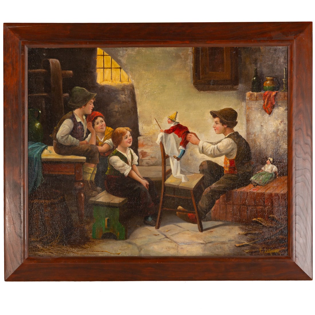 F. Tilgner. Boy with Puppet, oil: Edmund Adler (Austrian, 1876-1965) Oil on canvas, signed "F. Tilgner" lr, sight size: 20 1/2 x 25 3/4 in., framed size: 25 1/2 x 30 1/2 in. Provenance: From a private collection, Baltimore, MD