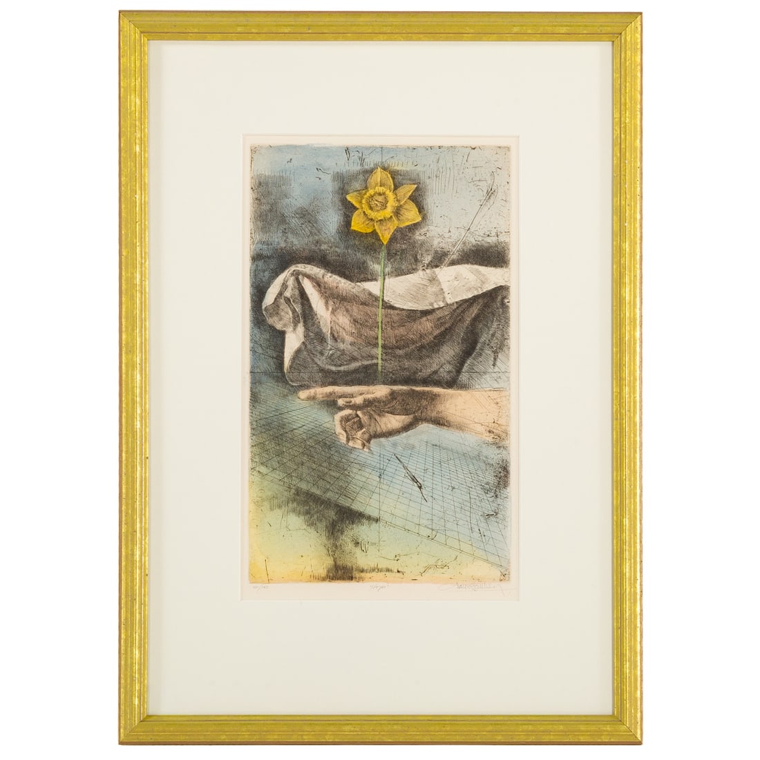Trevor Southey. "Hope," etching: (Zimbabwean, 1940-2015) Hand colored etching, ed. 56/150, pencil signed "Trevor Southey" lr, pencil titled lc, plate size: 14 3/4 x 8 3/4 in., framed size: 24 3/4 x 17 3/4 in. Provenance: From a